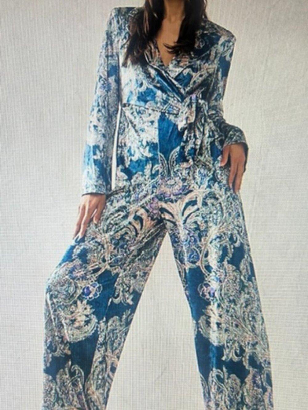 Free People Delphine Lush Blue Combo Velvet Wrap Front Paisley Jumpsuit NWT